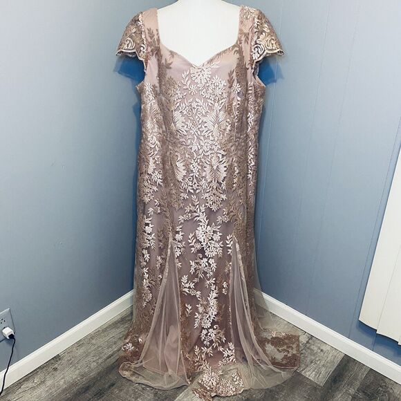 Brianna Women's Plus Size Pink Floral Embroidered Cap Sleeved Gown with Mesh - Picture 2 of 12